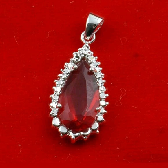 925 Silver Stamped Ruby Red Pendant Necklace♡ - Picture 2 of 8